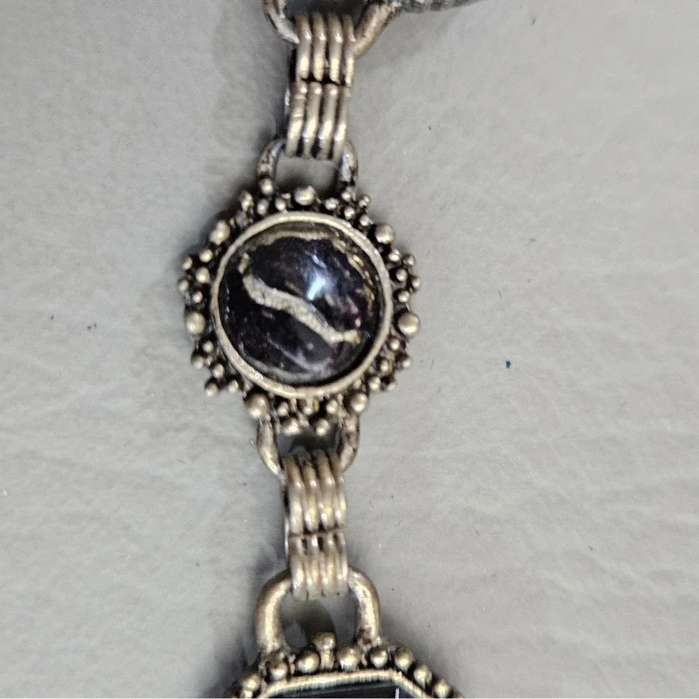 Vintage Style Black Stone Chain Belt Antiqued Silver Tone Adjustable Goth Boho